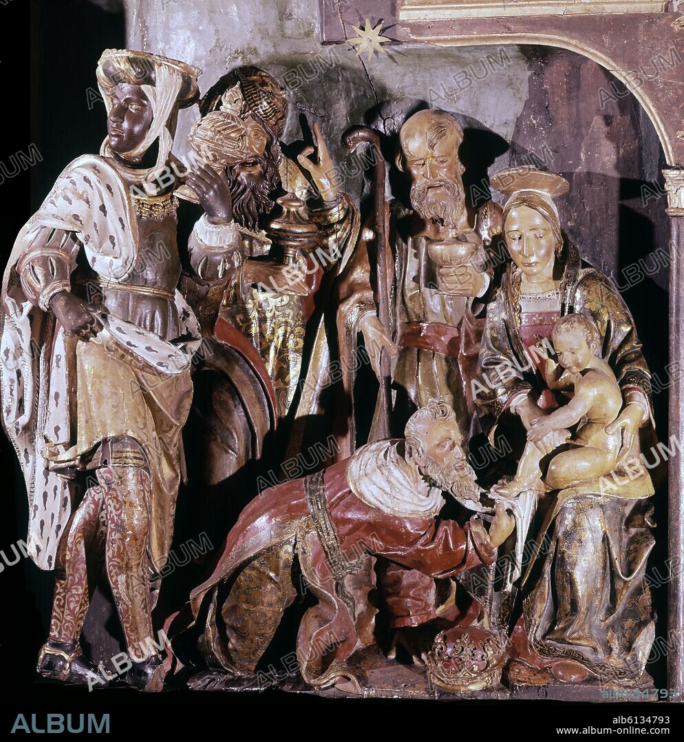 ALONSO BERRUGUETE (1488-1561). ADORACION DE LOS REYES-RETABLO DE MEJORADA 1523/6-RENACIMIENTO ESPAÑOL.