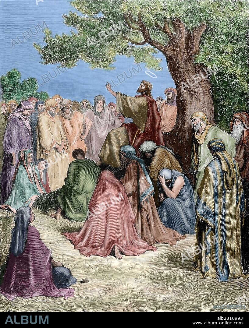 NUEVO TESTAMENTO. JESUS PREDICANDO A LA MULTITUD. Evangelio San Mateo, Capítulo IV, Versículos 17-22. Dibujo realizado por Gustave DORE y grabado por E. GOEBEL. Coloreado.