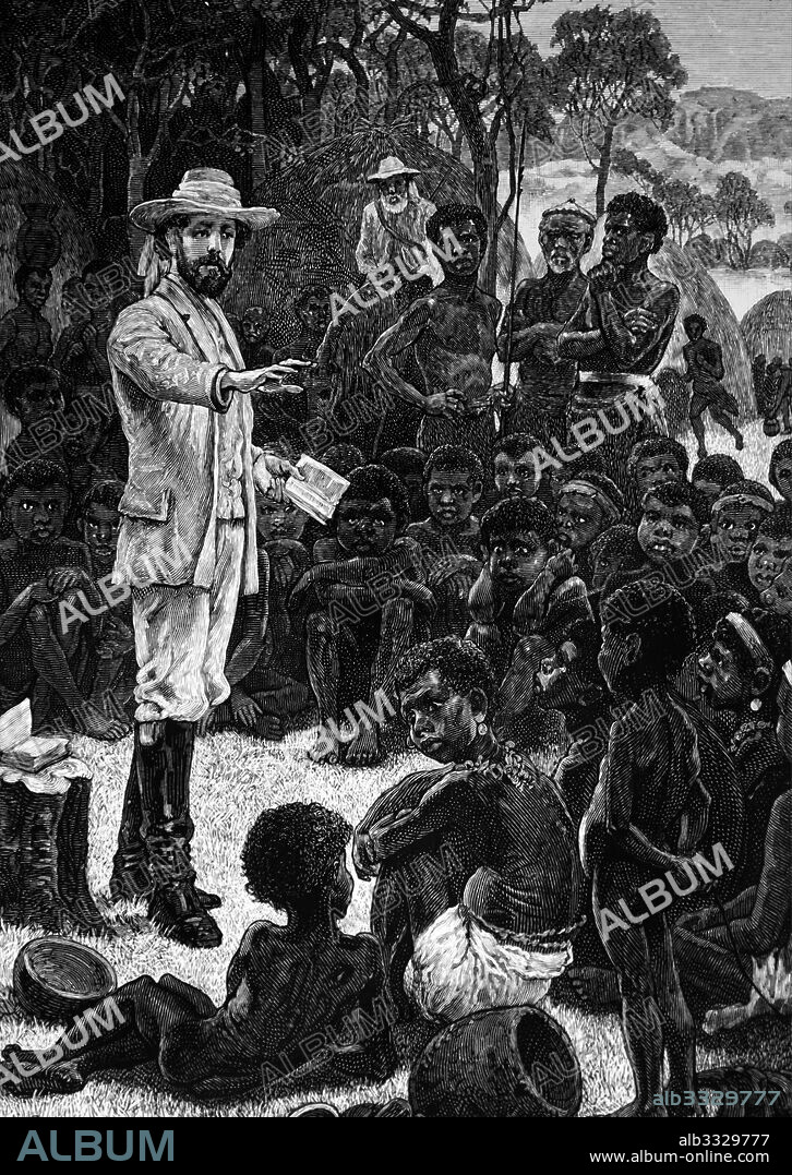 Charles Frederick Mackenzie (1825-1862), Anglican Bishop of Central Africa (1861), leader of the Universities Mission, preaching to African children. Moving from Cape Town, Bishop Mackenzie sailed up the Zambezi and Shire rivers with a small group to start work. He arrived at Chibisas village in June 1861 with the goal to establish a mission station at Magomero, near Zomba.