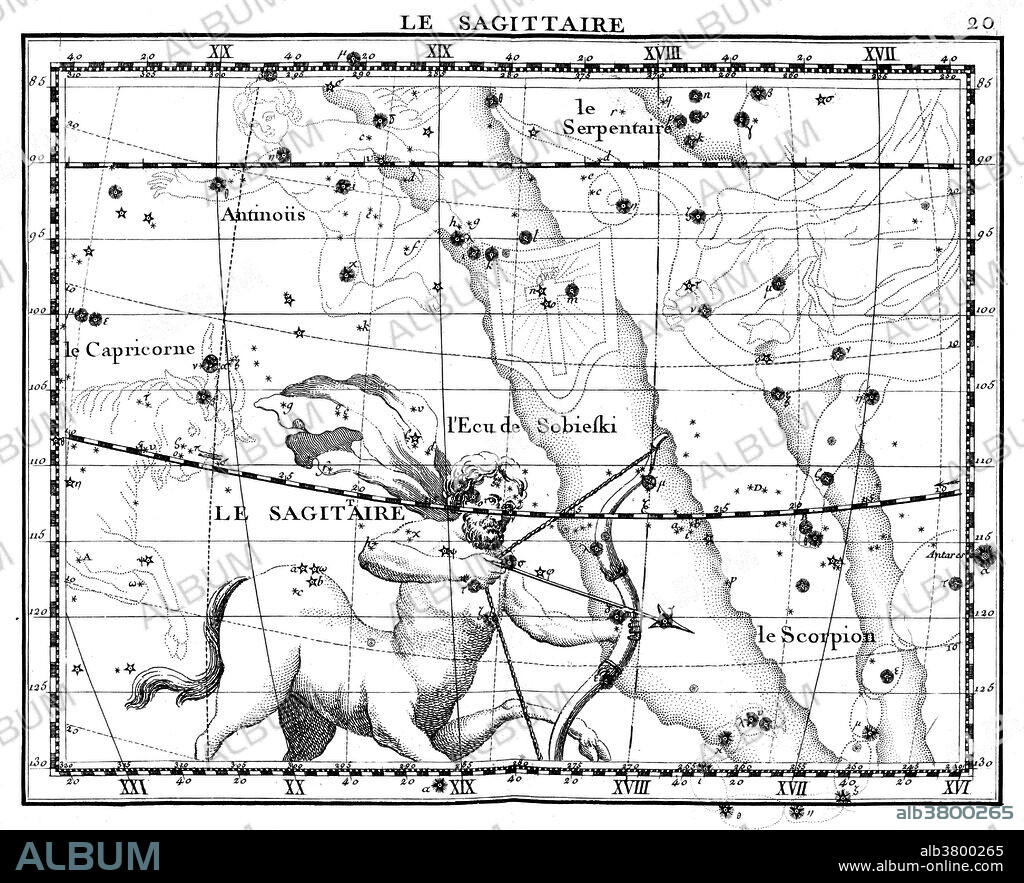 Sagittarius is a constellation of the zodiac, the one containing the galactic center. Its name is Latin for the archer. It is one of the 48 constellations described by the 2nd century astronomer Ptolemy, and remains one of the 88 modern constellations defined by the International Astronomical Union. Sagittarius is commonly represented as a centaur drawing a bow. Sagittarius is the ninth astrological sign, which is associated with the constellation Sagittarius. It spans the 240-270th degree of the zodiac, between 234.75 and 270 degree of celestial longitude, which the Sun transits on average between November 23 to December 21 each year. The Atlas Coelestis is a star atlas published posthumously in 1729, based on observations made by the First Astronomer Royal, John Flamsteed. The Atlas, the largest that ever had been published and the first comprehensive telescopic star catalogue and companion celestial atlas, contains 26 maps of the major constellations visible from Greenwich, with drawings made in the Rococo style by James Thornhill. One of his main motivations to produce the Atlas, was to correct the representation of the figures of the constellations, as made by Bayer's, Uranometria (1603). Bayer represented the figures viewed from behind (not from the front, as was done since the time of Ptolemy), which reversed the placement of stars and created unnecessary confusion.