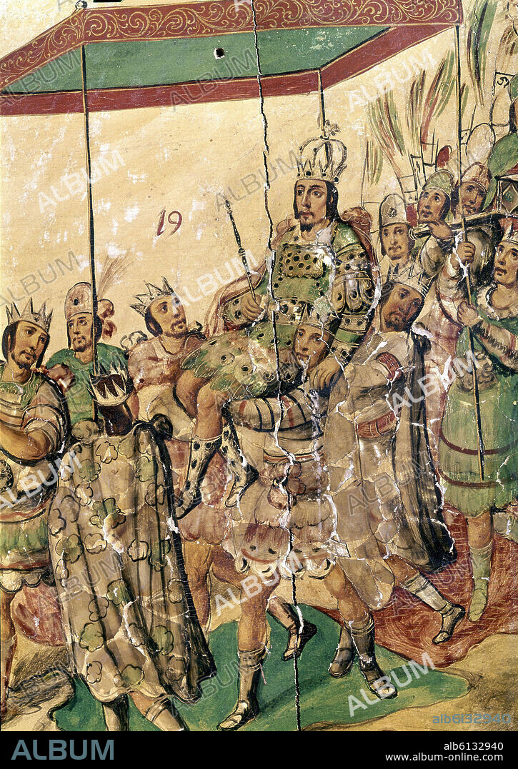 JUAN Y MIGUEL GONZALEZ PINTORES SIGLO XVII. CONQUISTA DE MEXICO - DETALLE DE LA ENTRADA DE MOCTEZUMA EN MEXICO - ENCONCHADO - 1698.