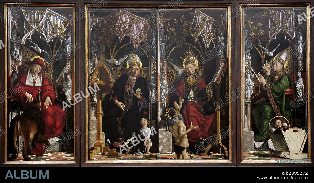 Michael Pacher (1435-1498). Austrian painter. Altarpiece of the Church Fathers, 1483 for Neustift Monastery. Jerome with lion, Agustine with child, Pope Gregory the Great with Emperor Trajan,  and Ambrose with child. Alte Pinakothek. Munich. Germany.