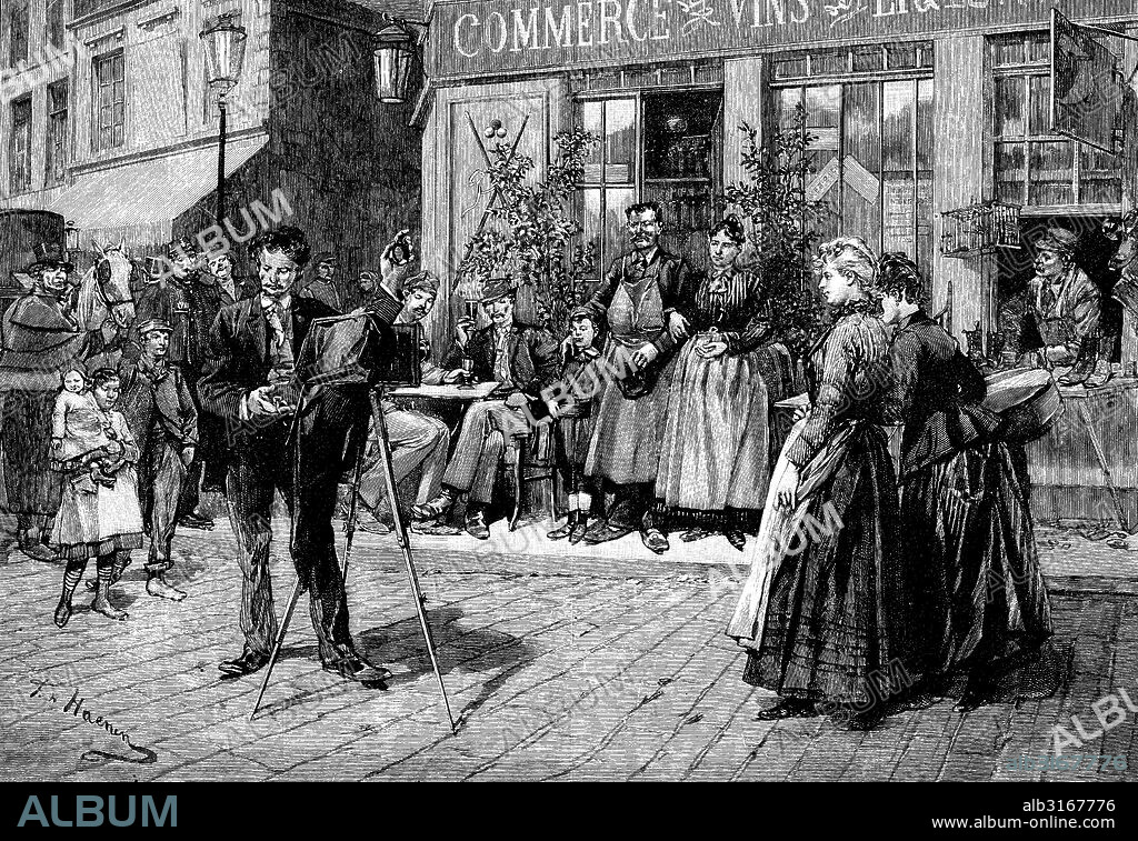 Francia. Un fotógrafo ambulante dispuesto para retratar dos mujeres en una calle de París. Grabado de 1890.