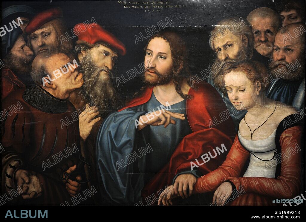 ARTE RENACIMIENTO. ALEMANIA. Lucas CRANACH, llamado "el Viejo" (1472-1553). Pintor alemán. "CRISTO Y LA ADULTERA". Museo de Bellas Artes. Budapest. Hungría.
