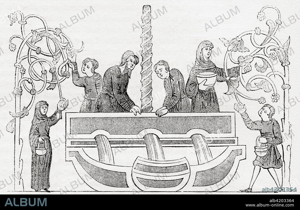 A medieval wine press, after a Cotton MS.  The Cotton or Cottonian library is a collection of manuscripts once owned by Sir Robert Bruce Cotton (1571-1631), an antiquarian and bibliophile.  From Old England: A Pictorial Museum, published 1847.From Old England: A Pictorial Museum, published 1847.