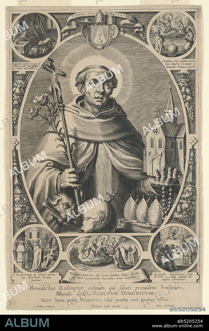 Saint Dominic, Cornelis Galle I, Flemish, 1576 - 1650, Theodor Galle, ca. 1571 - 1633, Engraving on laid paper, Saint Dominic in center oval, looking up toward the right, a star on his forehead. He holds a crucifix and lily in his right hand, a church and rosary in his left. Before him a skull, orb, dog with a torch. Three small scenes of his life around the frame. Below, the inscription: 'Benedictus Redemptor. omnium qui saluti providens nominum, Mundo dedit, SANCTUM DOMENICUM. IESU bone, prece Domenici, tibi gratis praesta nos gratos effici. Below artist's and publisher's names., Netherlands, ca. 1630, religion, Print, Print.