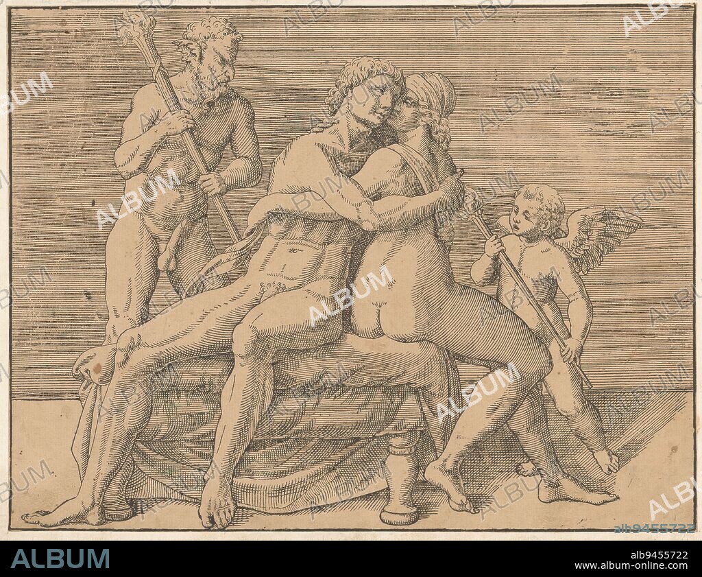Young love couple, A nude young man and woman are seated in embrace facing each other, flanked by a satyr (left) and a putto (right) respectively both holding a burning torch., print maker: anonymous, Venice, c. 1550 - c. 1580, paper, height 216 mm × width 284 mm.