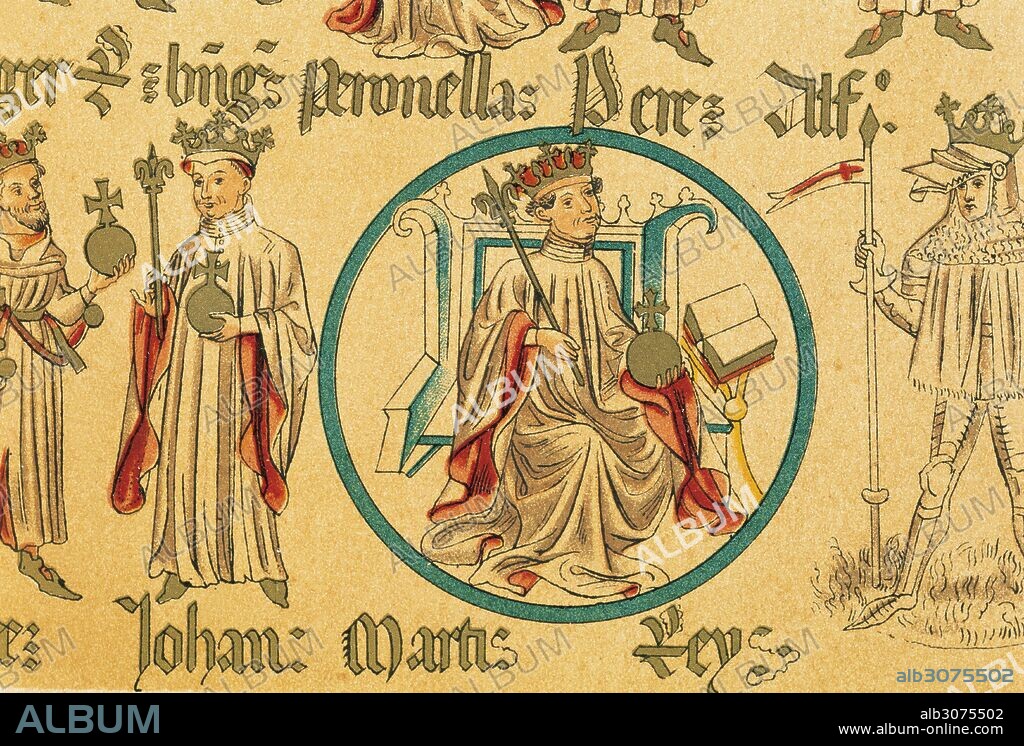 Martin of Aragon The Humane (1356-1410). King of Aragon, Valencia and Majorca and Count of Barcelona. Copy of Genealogy of the Kings of Aragon and Counts of Barcelona. The original parchment is the 15th century.