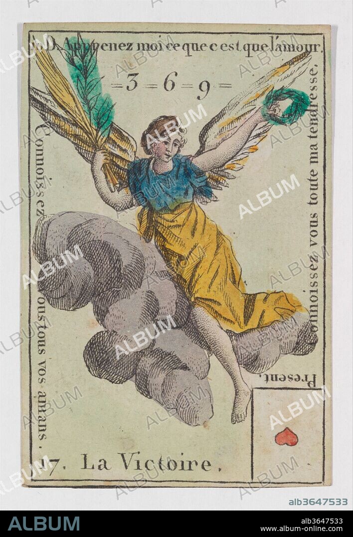 La Victoire from Playing Cards (for Quartets) 'Costumes des Peuples Étrangers'. Artist: Anonymous, French, 18th century. Dimensions: 3 3/16 × 2 1/16 in. (8.1 × 5.3 cm). Date: 1700-1799.