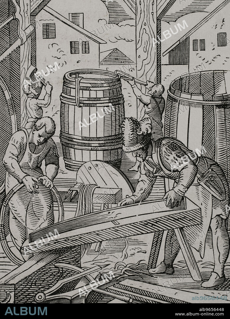 JOST AMMAN (1539-1591). SWISS-GERMAN ARTIST.. Taller de un tonelero. Grabado del siglo XVI por Jost Amman. "Les Arts au Moyen Age et a l'Epoque de la Renaissance", por Paul Lacroix. París, 1877.