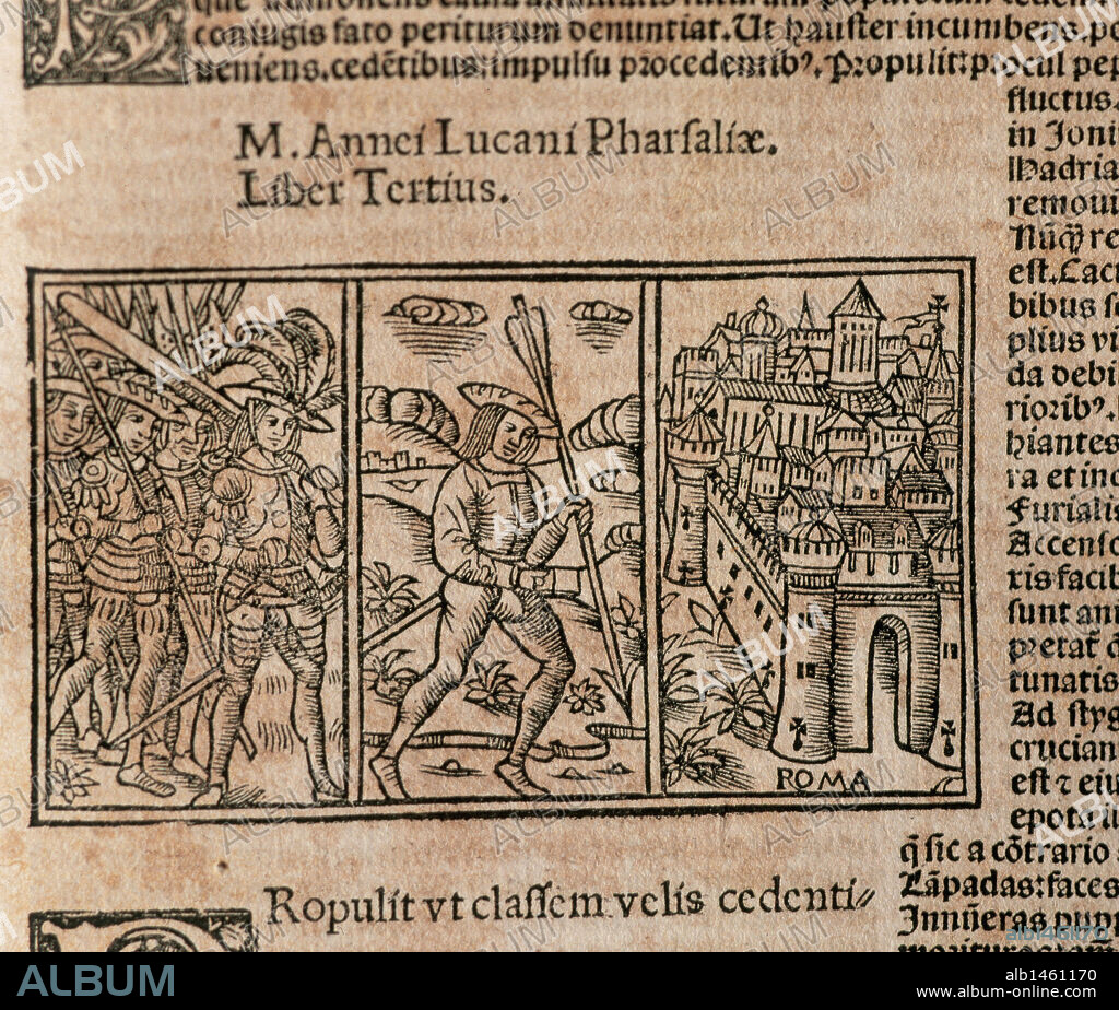LITERATURA LATINA. SIGLO I. LUCANO, Marco Anneo (Cordoba, 39-Roma, 65). Poeta latino. "FARSALIA". Son los tres libros que escribió en latín dedicados a Nerón, cuyo título original era "Bellum Civile" (La Guerra Civil). Fársalo era la ciudad donde tuvo lugar la batalla entre Pompeyo y Julio César en el año 48 d. C. Grabado del INICIO DEL LIBRO III impreso en 1519.