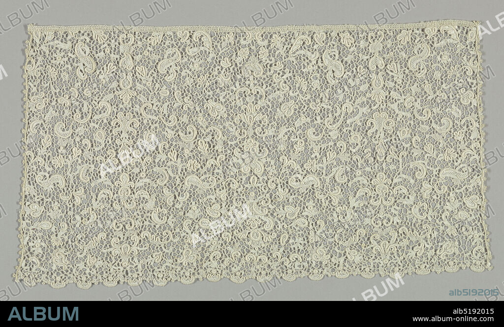 Cravat end, Medium: linen Technique: needle lace, Ruffle of dense symmetrical foliage with three dimensional details. 'Point de France, favorite of Louis XIV', France, 17th century, lace, Cravat end.