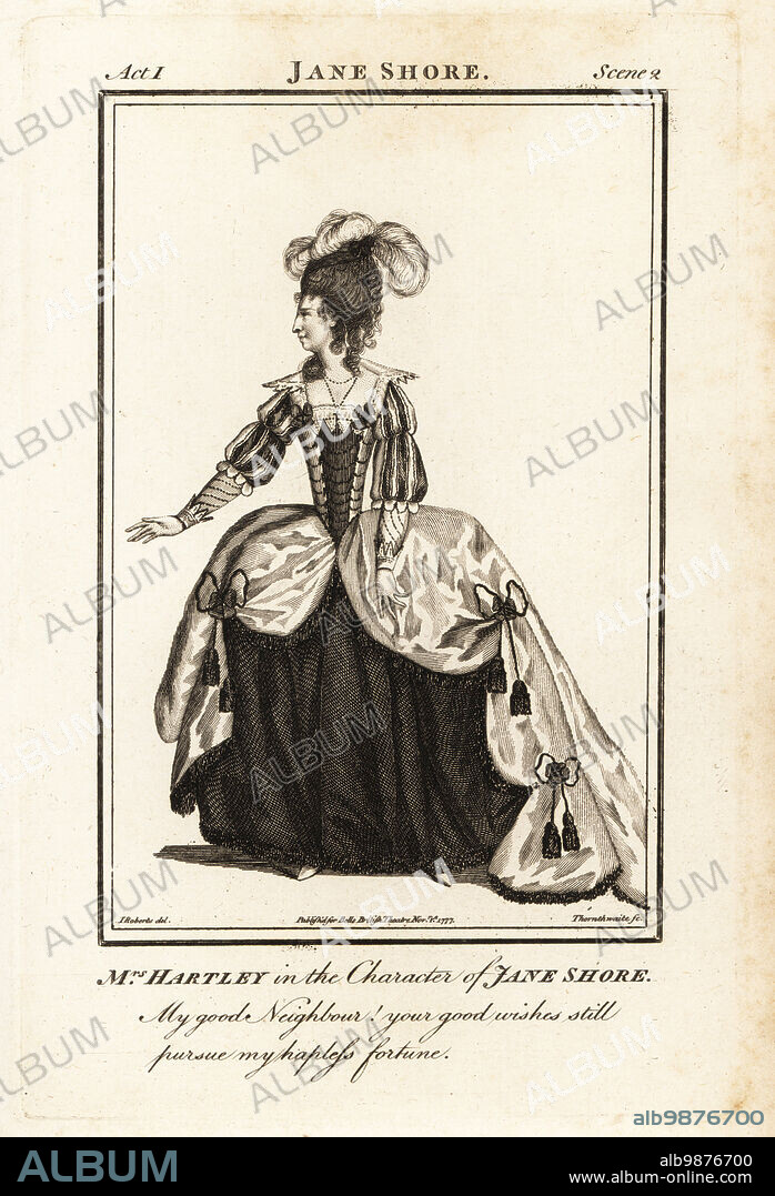 Mrs Elizabeth Hartley in the character of Jane Shore in Nicholas Rowes Jane Shore, Covent Garden Theatre, 1772. Elizabeth Hartley was a famous actor on the London stage and scandalous figure, 1750?1824. Copperplate engraving by J. Thornthwaite after an illustration by James Roberts from Bells British Theatre, Consisting of the most esteemed English Plays, John Bell, London, 1776.