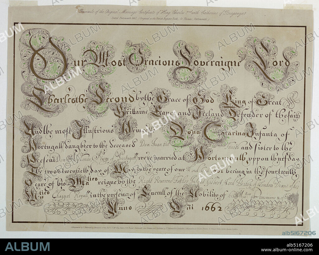 Facsimile of original marriage certificate of Charles II and Catherine of Portugal, Lithograph on paper, Facsimile of original marriage certificate of Charles II and Catherine of Portugal, Europe, 19th century, Print, Print.