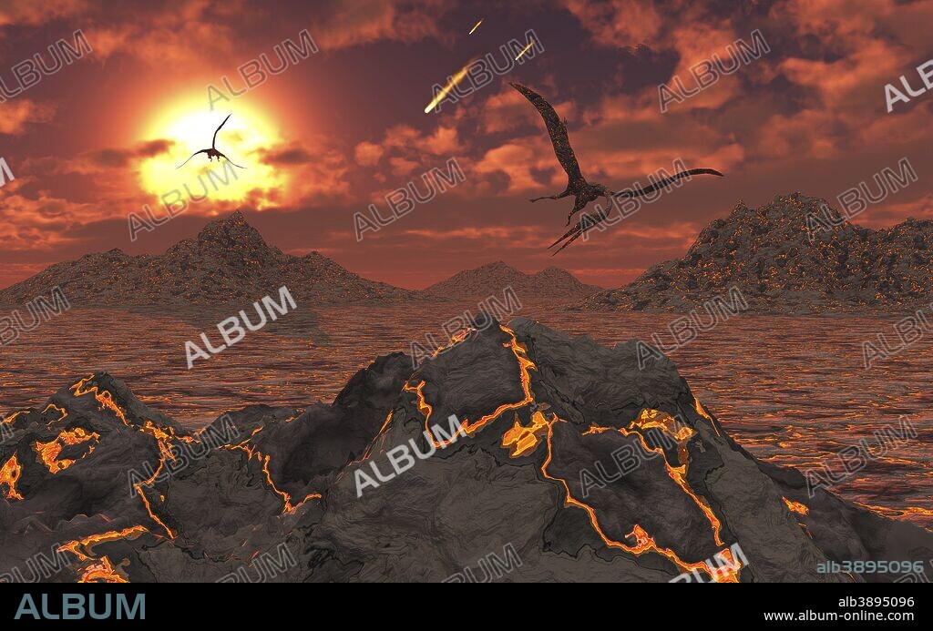 Pterosaurs flying over a volcanic landscape during the Cretaceous-Paleogene extinction event.