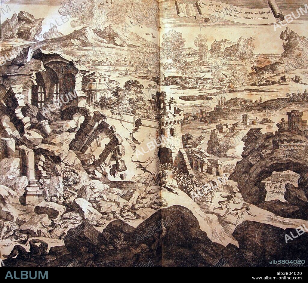 The 1693 Sicily earthquake refers to a powerful earthquake that struck parts of southern Italy, notably Sicily, Calabria and Malta on January 11, 1693 around 9 pm local time. This earthquake was preceded by a damaging foreshock on January 9. It had an estimated magnitude of 7.4 on the moment magnitude scale, the most powerful in Italian history, and a maximum intensity of XI (extreme) on the Mercalli intensity scale, destroying at least 70 towns and cities, seriously affecting an area of 2,200 square miles and causing the death of about 60,000 people. The earthquake was followed by tsunamis that devastated the coastal villages on the Ionian Sea and in the Straits of Messina. Almost two thirds of the entire population of Catania were killed. The epicenter of the disaster was probably close to the coast, possibly offshore, although the exact position remains unknown. Originally captioned: "Specula physico-mathematico-historica notabilium ac mirabilium sciendorum, by Johann Zahn, 1696.".
