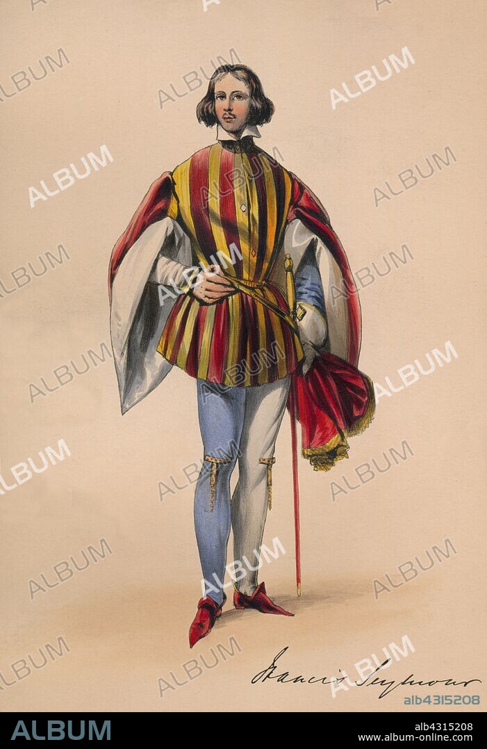 JOHN RICHARD COKE SMYTH. Francis Seymour in costume for Queen Victoria's Bal Costumé, May 12 1842, (1843). British courtier, army officer and politician Francis Seymour, 5th Marquess of Hertford (1812-1884) in Plantagenet dress. Members of the Royal Household were expected to wear dress of the Plantagenet period (c1154-1485), although other guests could wear costumes of their own choosing. The costumes were designed under the supervision of James Robinson Planché and were specifically intended to give work to the declining Spitalfields silk industry. The ball of 1842, held at Buckingham Palace in London, was the first of three costume balls held by Queen Victoria and Albert, Prince Consort. The second, on 6 June 1845, was in early Georgian dress, while the third, on 13 June 1851, was in the style of the Restoration. From "Souvenir of the Bal Costumé, given by H.M. Queen Victoria at Buckingham Palace, May 12, 1842 / drawings from the original dresses by Coke Smyth; letterpress by J.R. Planche", 1843. [Paul & Dominic Colnaghi & Co, London, 1843].