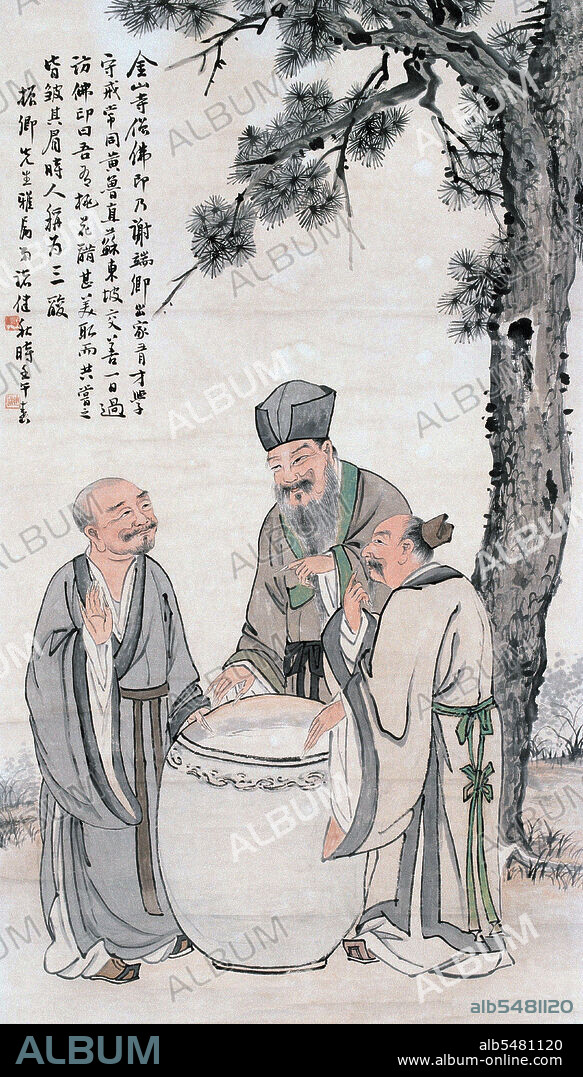 The Vinegar Tasters, is a traditional subject in Chinese religious painting. The allegorical composition depicts the three founders of China's major religious and philosophical traditions: Confucianism, Buddhism, and Taoism. The theme in the painting has been interpreted as favoring Taoism and critical of the others. The three men are dipping their fingers in a vat of vinegar and tasting it; one man reacts with a sour expression, one reacts with a bitter expression, and one reacts with a sweet expression. The three men are Confucius, Buddha, and Laozi, respectively. Each man's expression represents the predominant attitude of his religion: Confucianism saw life as sour, in need of rules to correct the degeneration of people; Buddhism saw life as bitter, dominated by pain and suffering; and Taoism saw life as fundamentally good in its natural state. Another interpretation of the painting is that, since the three men are gathered around one vat of vinegar, the 'three teachings' are one.