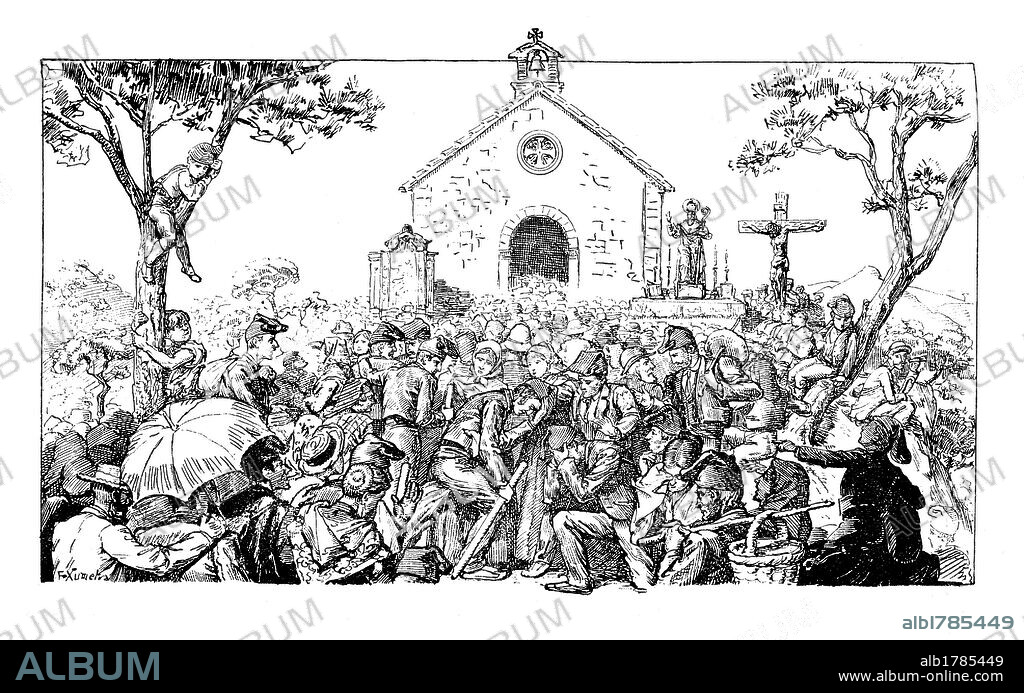 Romería a la ermita de Sant Miquel del Fai. Dibujo de F. Xumetra. Grabado de 1905.