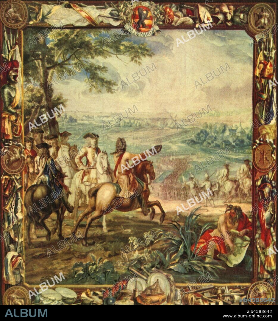 'Marlborough at the Battle of Oudenarde, 1708', (1944). Tapestry depicting British military leader John Churchill, 1st Duke of Marlborough (on a white horse) at the Battle of Oudenarde, fought in July 1708 at Oudenaarde in Flanders, during the the War of the Spanish Succession. The battle was fought between the forces of Great Britain, the Dutch Republic and the Holy Roman Empire on the one side and those of France on the other, and resulted in a victory for the allies. This is one of the Victory tapestries commissioned by the Duke to commemorate his victories at Blendheim, Ramilles, Oudenarde and Malplaquet. The tapestries were designed by Lambert de Hondt and woven by Judocus de Vos in Brussels. They are part of the collection at Blenheim Palace, Oxfordshire. From "British Soldiers', by S. H. F. Johnston. [Collins, London, 1944].