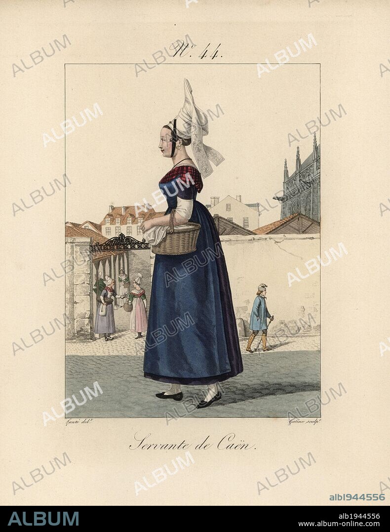 Servant girl in Caen. She wears a tall bavolet bonnet, and carries a basket. In the background can be seen the fish market and part of the church of Saint Pierre. Hand-colored fashion plate illustration by Lante engraved by Gatine from Louis-Marie Lante's "Costumes des femmes du Pays de Caux," 1827/1885. With their tall Alsation lace hats, the women of Caux and Normandy were famous for the elegance and style.