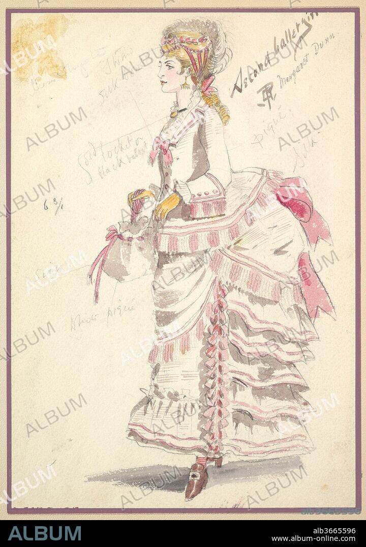 Costume Design for 'Second Ballet Girl'. Artist: Percy Anderson (British, 1850/51-1928 London). Dimensions: Mount: 11 1/16 x 8 1/8 in. (28.1 x 20.7 cm)
Sheet: 9 15/16 x 7 in. (25.3 x 17.8 cm). Date: 1901.
Design for the costume for 'Second Ballet Girl' for the play 'Captain Jinks of the Horse Marines'. 'Second Ballet Girl' is displayed in profile view facing left. She is wearing a white silk and piqué dress combined with pink silk ribbons and detailing. She wears a tight bodice and a Victorian bouffant skirt. She is holding a white silk and piqué purse with pink silk straps and ribbons.
