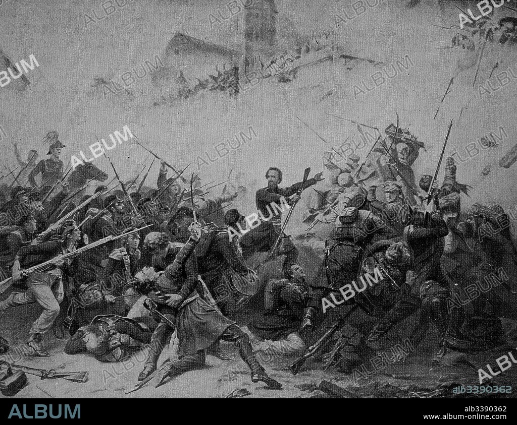 The Battle of the Nations near Leipzig took place from October 16th to 19th, 1813, here the storming of the Grimma Gate, Historical, digitally restored reproduction of an original from the 19th century.