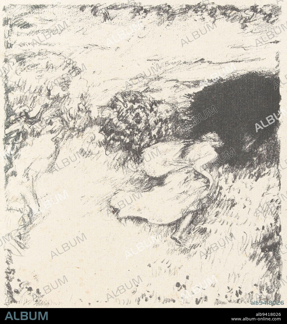 Scene from the pastoral shepherd's poem by Daphnis and Chloe by the Greek writer Longus. Landscape with running Chloe blowing up her clothes, Daphnis and Chloe Daphnis et Chloe., print maker: Pierre Bonnard, Pierre Bonnard, publisher: Henri Louis Ambroise Vollard, 1902, paper, h 150 mm × w 140 mm, h 291 mm × w 241 mm.