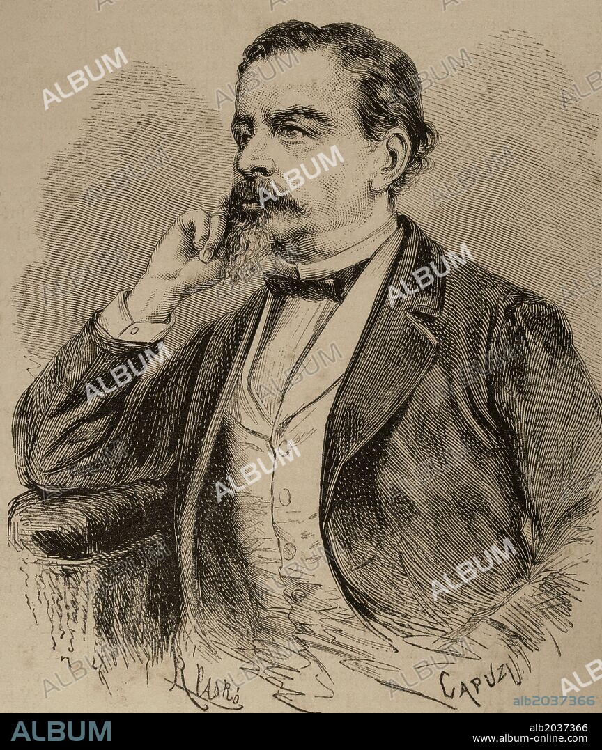 Francesc Camprodon i Lafont (1816-1870). Autor teatral y poeta catalán. Miembro destacado del Partido Liberal. Grabado por Capuz. "La Ilustración Española y Americana", año 1870.