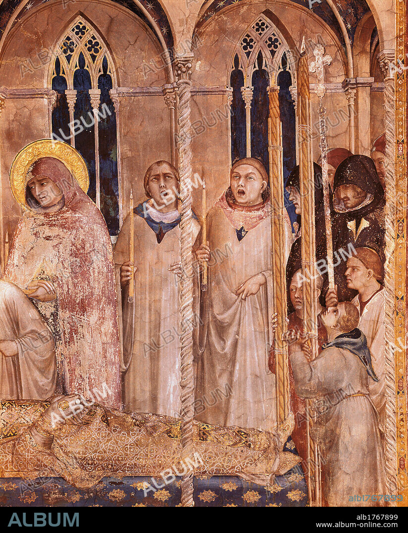 Scenes from the Life of St Martin Burial of St Martin, by Simone Martini, 1315-1316 about, 14th Century, fresco, cm 284 x 230. Italy, Umbria, Perugia, Assisi, Papal Basilica of San Francesco, Lower Basilica. Detail. Two monks holding the large candles and singing altar boy habit tunic mantle cloak hood Gothic decorated three light windows halo aureole decoration spiral small columns capitals candles brown hues shades yellow white black blue.