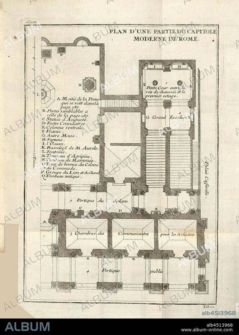 Plan of a part of the modern Capitol of Rome, Plan of the present Capitol in Rome, Tab. 112, to p. 184, Augustin-Charles d'Aviler, Vignola, Michelangelo, Leonhard Christoph Sturm, Hertel: Ausführliche Anleitung zu der gantzen Civil-Bau-Kunst [...]. Augspurg: bey Johann Georg Hertel, 1747.