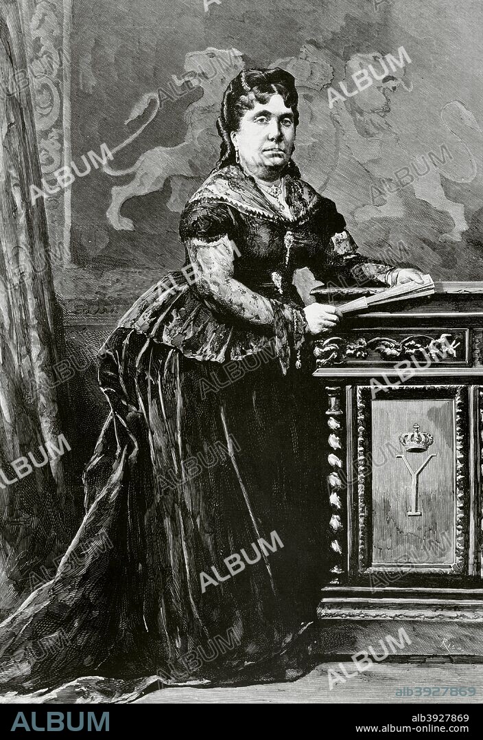 Isabel II. Doña Isabel de Borbón y Borbón (1830-1904). Reina de España de 1833-1868. Hija mayor de Fernando VII tras el matrimonio con su cuarta esposa, María Cristina. Proclamada reina a la muerte de su padre en 1833. Durante su minoría de edad (1833-1843), su madre y el general Espartero ejercieron la regencia. Tras la revolución de 1868, abandonó España y se exilió en Francia. En 1870 abdicó en favor de su hijo Alfonso, futuro rey Alfonso XII (1874-1885). Retrato de la Reina Madre durante el reinado de Alfonso XII. Grabado. La Ilustración Española y Americana. 30 de Julio de 1876. Biblioteca Histórico Militar de Barcelona. Cataluña, España.