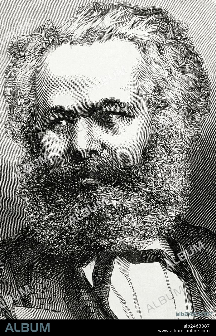 MARX, Karl (Tréveris, 1818-Londres, 1883). Filósofo y teórico de economía política. Con Engels escribió, entre otras, "Manifiesto comunista". Autor de "El Capital". Eestableció las bases del socialismo científico. Retrato. Grabado por Capuz. "La Ilustración Española y Americana", 1872.