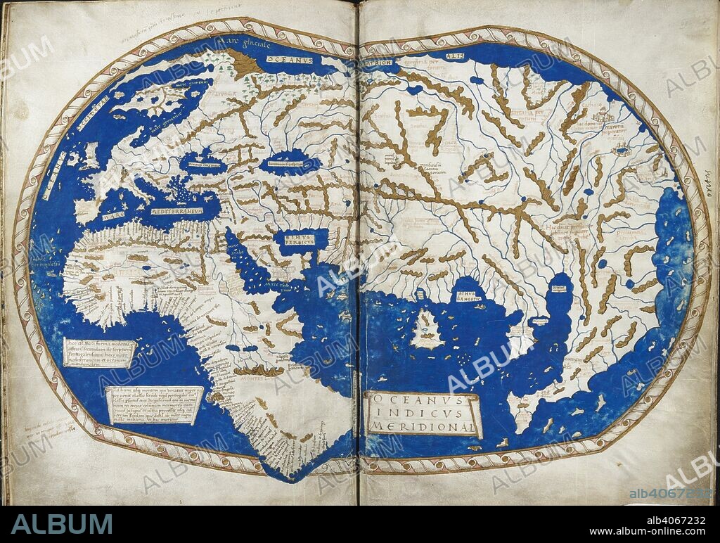 HENRICUS MARTELLUS. World map by Martellus, including the Cape of Good Hope, rounded by Bartolomeo Dias in 1488. Account of the Islands of the Mediterranean. Florence, 1489. Source: Add. 15760, ff.68v-69. Language: Latin.