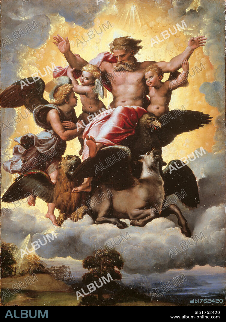 The Vision of Ezekiel, by Raffaello Sanzio, 1516-1518 about, 16th Century, oil on panel, cm 40,7 x 29,5. Italy, Tuscany, Florence, Palazzo Pitti, Palatine Gallery. All. Glorified Eternal Father putti symbols Evangelists eagle lion ox cherubs landscape ray of light golden halo clouds sky. Authorization required for non editorial use.