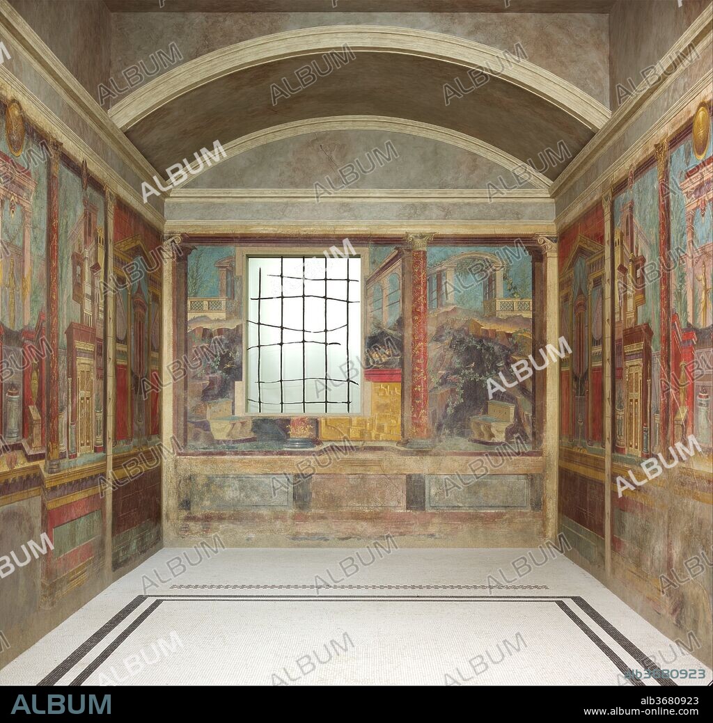 Cubiculum (bedroom) from the Villa of P. Fannius Synistor at Boscoreale. Culture: Roman. Dimensions: Room: 8 ft. 8 1/2 in. x 10 ft. 11 1/2 in. x 19 ft. 7 1/8 in. (265.4 x 334 x 583.9 cm). Date: ca. 50-40 B.C..
Room M of the Villa of P. Fannius Synistor at Boscoreale, buried by the eruption of Vesuvius in A.D. 79, functioned as a bedroom.  
The rear wall shows rocky terrain with balustrades and an arbor above, a small cave or grotto sheltering a fountain, and a small figure of Hekate below. In the center of the wall, between two columns, a parapet embellished with a yellow monochrome landscape supports a glass bowl filled with fruit.
The side walls of the room are symmetrical. Each wall is subdivided into four sections by a pilaster that defines the area of the couch and by two ornate columns. The paintings depict enclosed courtyards in which we glimpse the tops of statuary, rotundas, and pylons as well as vegetation. These precincts alternate with townscapes combining colonnaded buildings and projecting terraces.