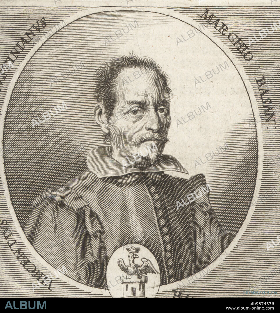 Marchese Vincenzo Giustiniani, Italian aristocrat, banker, art collector and intellectual, creator of the Giustiniani art collection and patron of Caravaggio, 1564-1637. Vincentus Justinianus Marghio Basan. Copperplate engraving by Philipp Kilian after an illustration by Joachim von Sandrart from his LAcademia Todesca, della Architectura, Scultura & Pittura, oder Teutsche Academie, der Edlen Bau- Bild- und Mahlerey-Kunste, German Academy of Architecture, Sculpture and Painting, Jacob von Sandrart, Nuremberg, 1675.