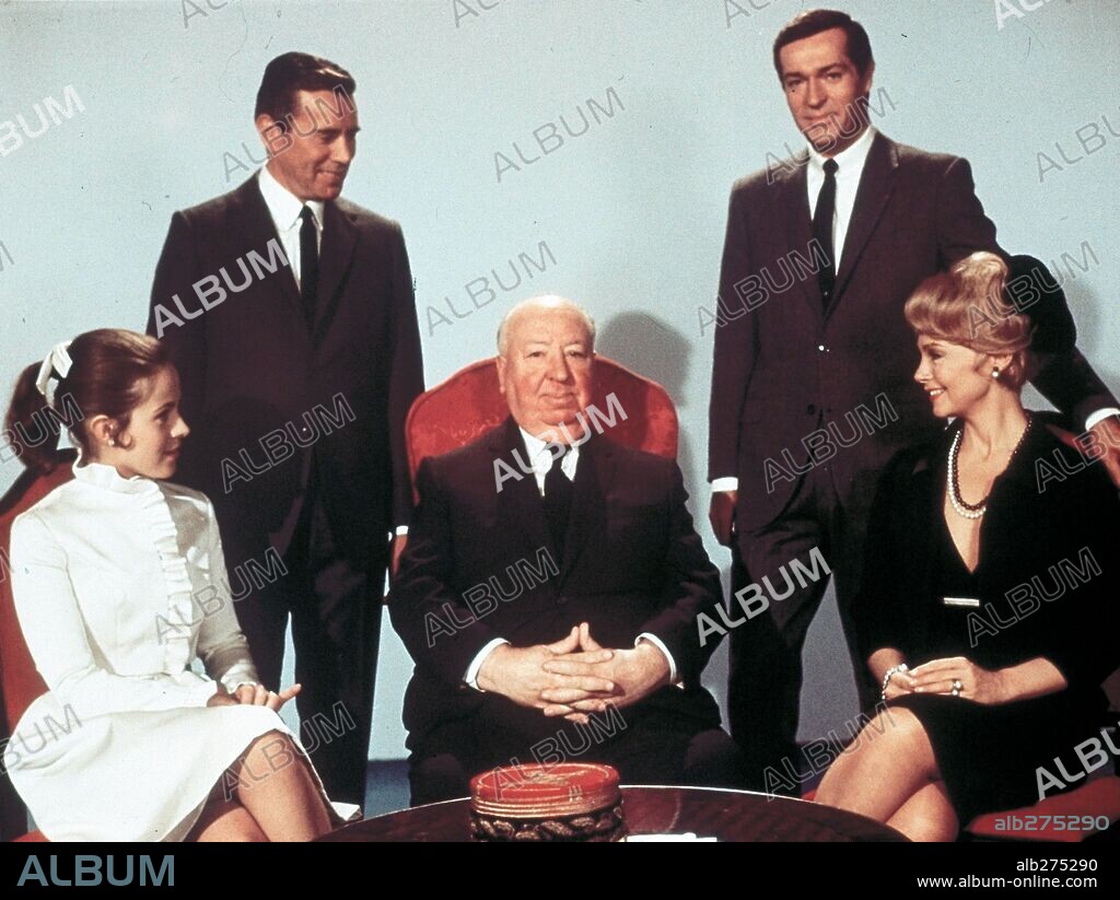 ALFRED HITCHCOCK, CLAUDE JADE, DANY ROBIN, FREDERICK STAFFORD and JOHN FORSYTHE in TOPAZ, 1969, directed by ALFRED HITCHCOCK. Copyright UNIVERSAL PICTURES.