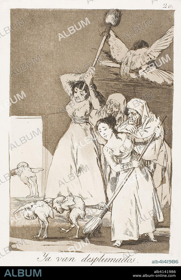 FRANCISCO DE GOYA. There They Go Plucked (i.e. fleeced), plate 20 from Los Caprichos. Francisco José de Goya y Lucientes; Spanish, 1746-1828. Date: 1797-1799. Dimensions: 198 x 133 mm (image); 218 x 152 mm (plate); 300 x 207 mm (sheet). Etching and aquatint on ivory laid paper. Origin: Spain.