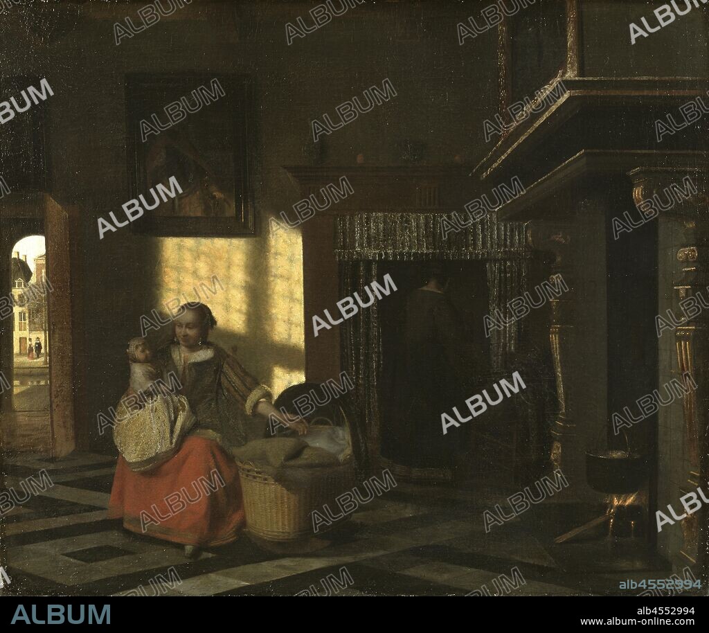 Pieter de Hooch, Interior with a Mother close to a Cradle, Interior with mother at the cradle, painting, genre art, from circa 1665, Oil on canvas, Height, 54 cm (21.2 inches), Width, 65, cm (25.5 inches), Traces of signature.