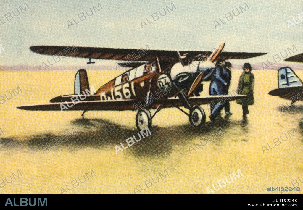 Darmstadt D-18 biplane, 1920s, (1932). German light sports aircraft designed and built by the Akaflieg Darmstadt of the Darmstadt University of Technology. 100 horse power air-cooled Armstrong Siddeley Genet engine. From "Die Eroberung Der Luft", (The Conquest of the Air), cigarette card album produced by the Garbáty cigarette factory, 1932. Eugene and Moritz Garbáty, who were Jewish, were driven out of business by the Nazis in the late 1930s, and forced to sell their factory which lay empty for over 70 years. [Garbaty Cigarettenfabrik, Berlin-Pankow, 1932].