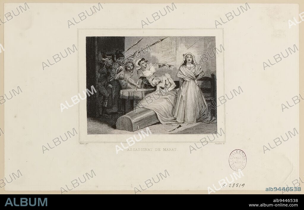 Assassination of Jean-Paul Marat by Charlotte Corday on July 13, 1793. French Revolution, Vattier, Draughtsman, Dunaime, Engraver, Between 1851 and 1900, 19th century, Graphic arts, French Revolution, Print, Etching, Height: 13.4 cm, Width: 21.2 cm.