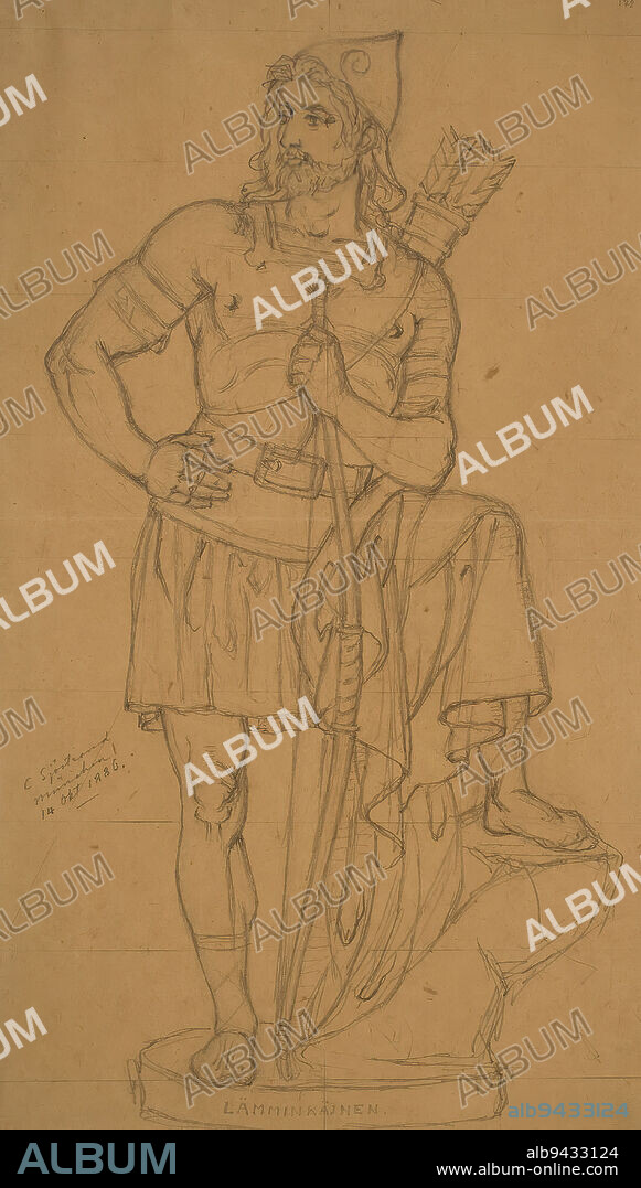 Carl Eneas Sjöstrand, 11.9.1828, Stockholm, Sweden, 14.2.1906, Stockholm, Sweden, Lemminkäinen, sketch, 1886, 44 × 24.5 cm, pencil.