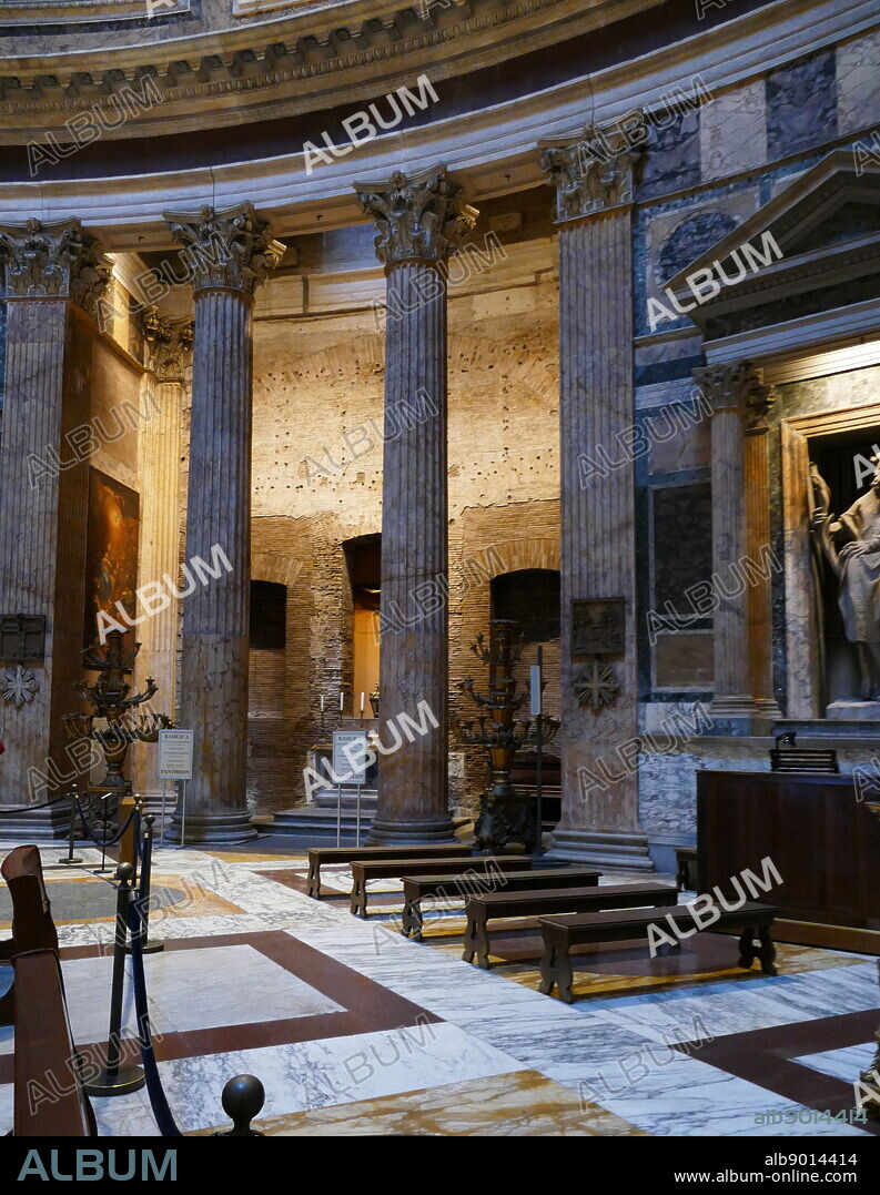 Interior of the Pantheon a former Roman temple, now a church, in Rome, Italy, on the site of an earlier temple commissioned by Marcus Agrippa during the reign of Augustus.