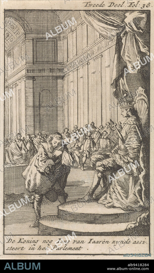 The young Louis XIV, king of France, sits on the throne. In front of him a nobleman bowing. In the background several courtiers, Courtier bowing to the young Louis XIV of France The King, still Young of Years, is assisting in the Parliament , print maker: Caspar Luyken, bookseller: Boudewijn van der Aa, Leiden, 1699, paper, etching, h 141 mm × w 82 mm.