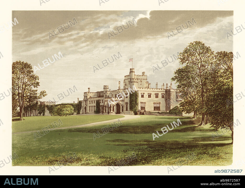 Moreton Hall, Cheshire, England. Gothic-Revival-style castle with crenellated towers and stained-glass windows built in 1844 for George Ackers. Colour woodblock by Benjamin Fawcett in the Baxter process of an illustration by Alexander Francis Lydon from Reverend Francis Orpen Morriss Picturesque Views of the Seats of Noblemen and Gentlemen of Great Britain and Ireland, William Mackenzie, London, 1880.