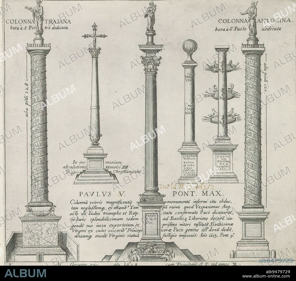 Commemorative columns, monuments and buildings erected during the pontificates of Popes Paul V and Sixtus V (series title), Six commemorative columns at Rome: the Column of Trajan, the column erected for King Henry IV of France, the Colonna della Pace, the Milliarium Aureum, the Columna rostrata and the Column of Marcus Aurelius. Print is part of an album., print maker: Matthäus Greuter, publisher: Matthäus Greuter, (mentioned on object), Paulus V, (mentioned on object), print maker: Rome, publisher: Rome, Vaticaanstad, 1618, paper, engraving, height 206 mm × width 225 mm.
