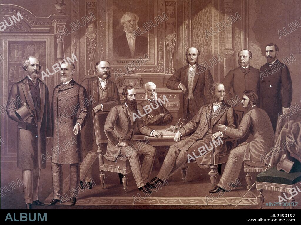 The kings of Wall Street Published 18820101. Illustration depicting  famous American financiers and industrialists and bankers. From left Cyrus Westfield, Russell Sage, Rufus Hatch, Jay Gould, Sidney Dillon, Darius, Ogden Mills, William Henry Vanderbilt and August Belmont, George Ballou and James Keane a portrait of Cornelius Vanderbilt hangs above the group.