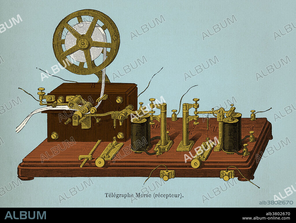 Morse's telegraph. Historical artwork of the receiver of a telegraph machine used to communicate in Morse code. The messages arrived at the receiver in wires as a series of long and short electrical pulses . Electromagnets attached to a printing head then converted these into dashes and dots respectively. In Morse code, each letter and number is represented by a combination of dots and dashes. The code was printed on a stream of ticker tape, which was collected at far left. Morse sent the first telegraph message in 1844. For an image of the transmitter, see image V400/068. This image has been colour-enhanced.
