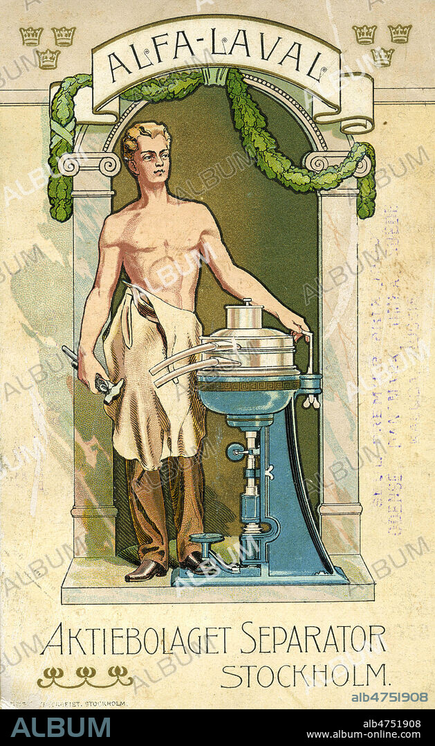 Chromo publicitaire pour les ecremeuses a bras Alfa-Laval, marque suedoise pour l'exposition universelle de Paris en 1900. Illustration anonyme. Credit : Collection KHARBINE-TAPABOR.